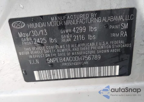 2013 Hyundai Sonata Gls z USA, uszkodzony, nr VIN 5NPEB4AC0DH756789